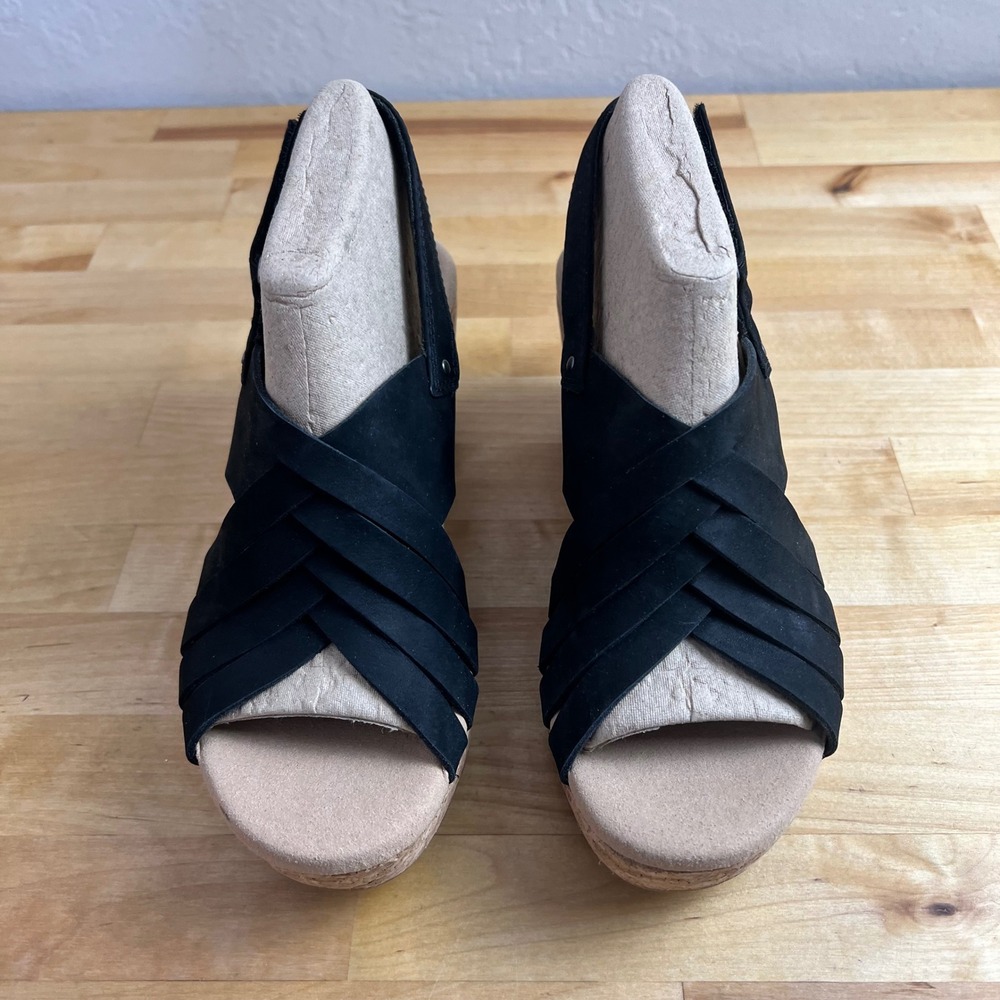 Clarks Wedges Giselle‎ Black Suede Strappy Cork Platform Sandals Size 6.5 - Picture 3 of 13